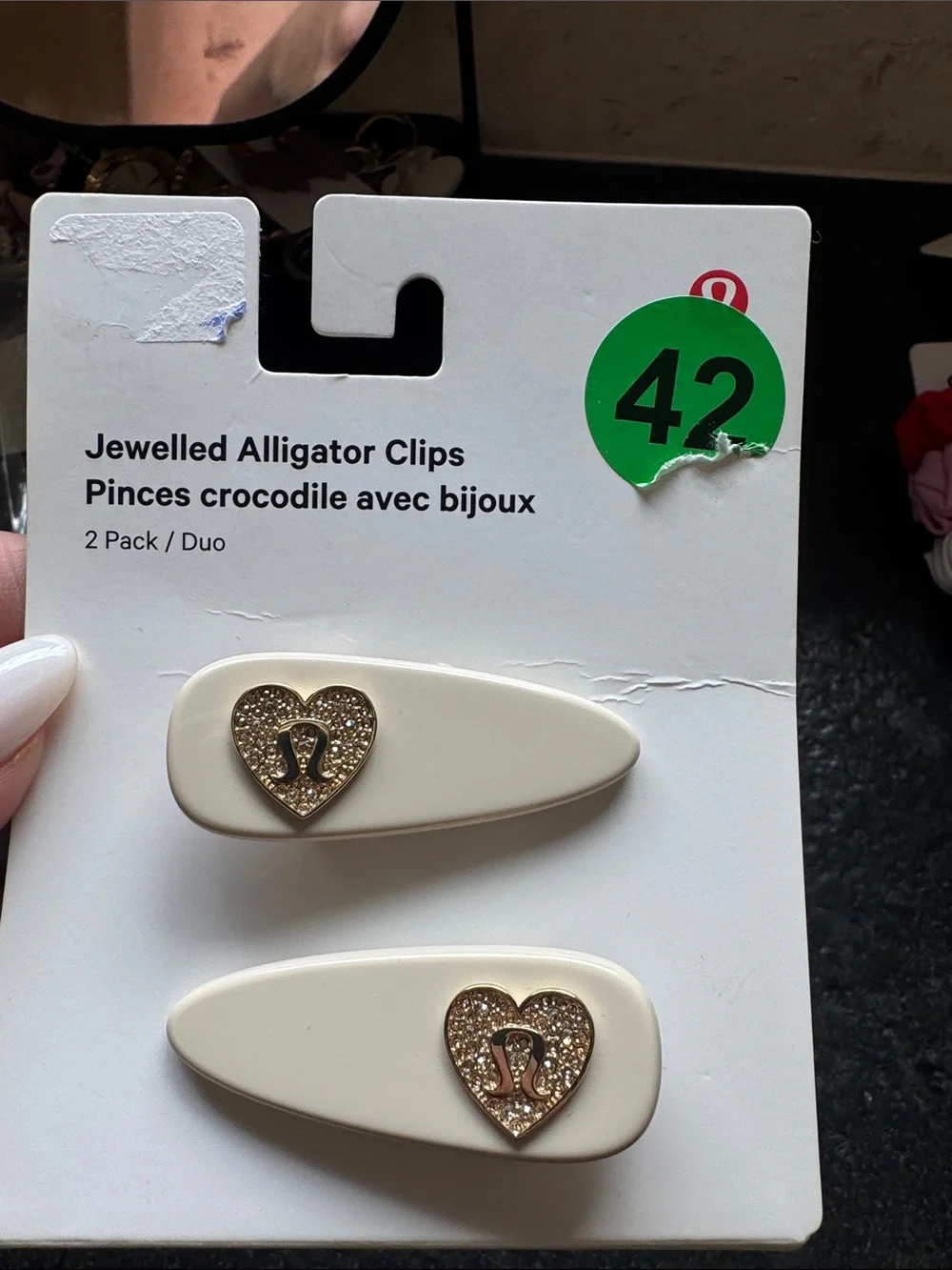 lululemon athletica Cream Jewelled Alligator Hair Clips - Gold Heart Accents